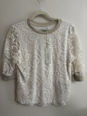 Astrid Women’s Woven Lace Top Shirt In Sand Gold Medium NWT Italy